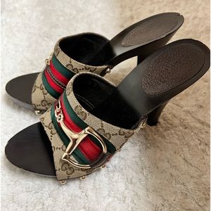 Gucci Horsebit Monogram Canvas And Wood Heels Clogs.